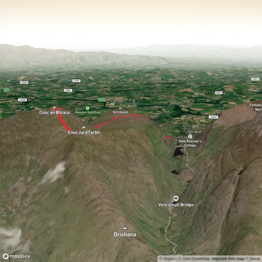 An image depicting the trail Gap of Dunloe to The Bull and its surrounding area.