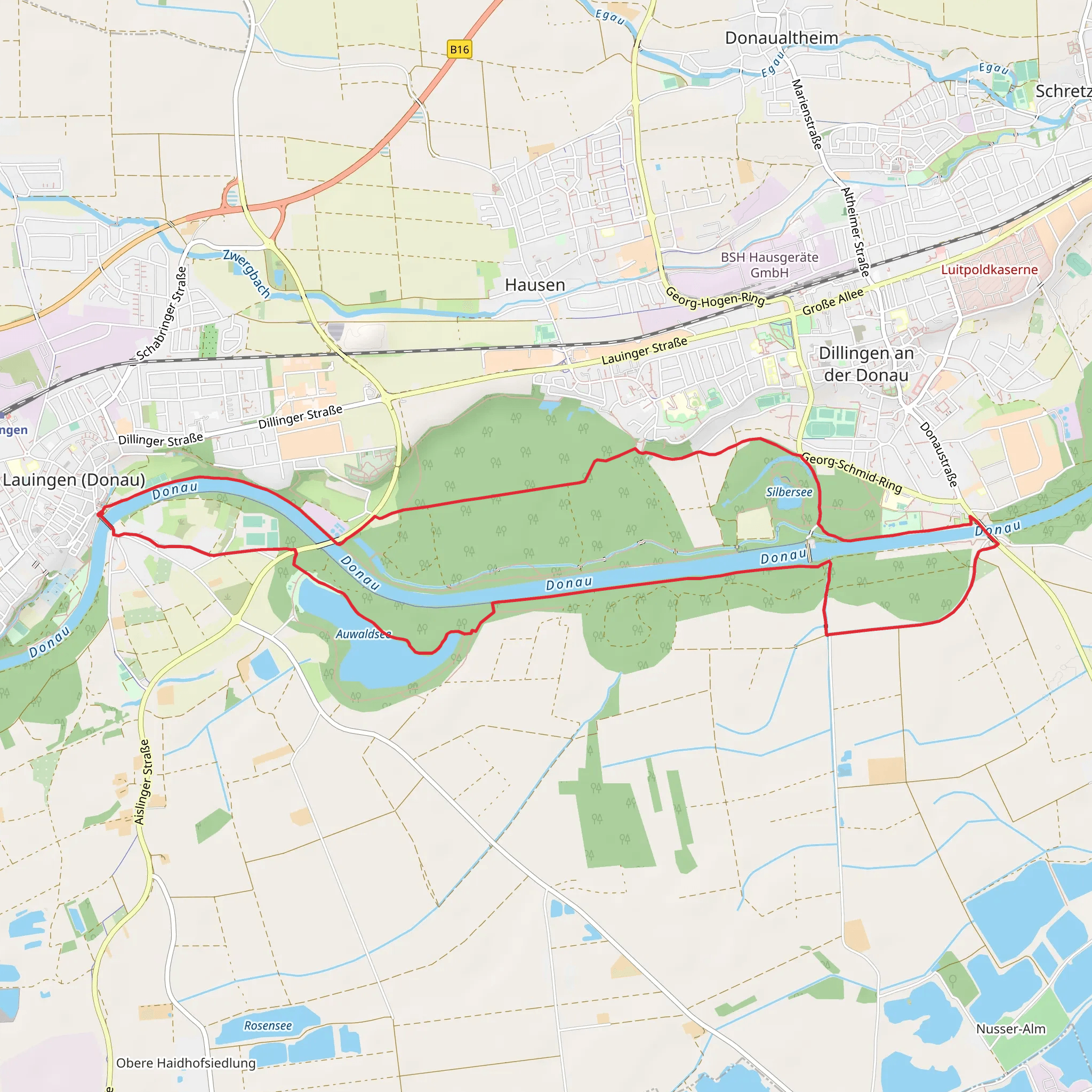 Stadtkapelle Lauingen, Lindach, Auwalldsee and River Donau Loop mobile static map