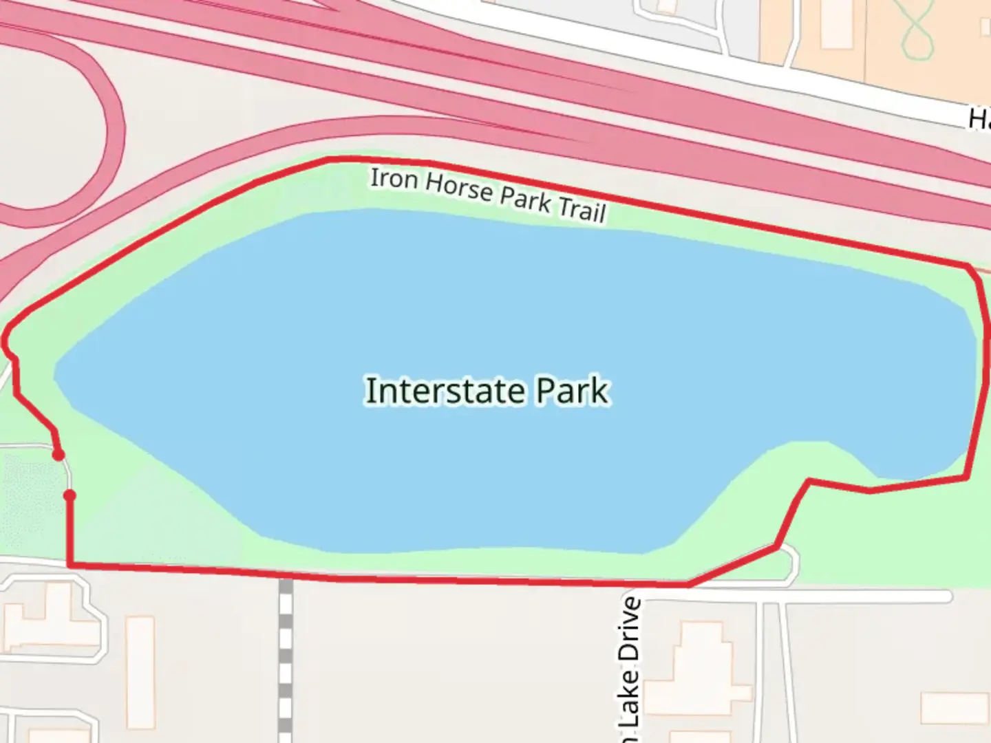An image depicting the trail Iron Horse Park Trail and Interstate Park Loop and its surrounding area.