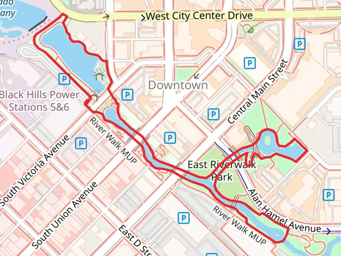 An image depicting the trail Historic Arkansas Riverwalk of Pueblo Loop and its surrounding area.