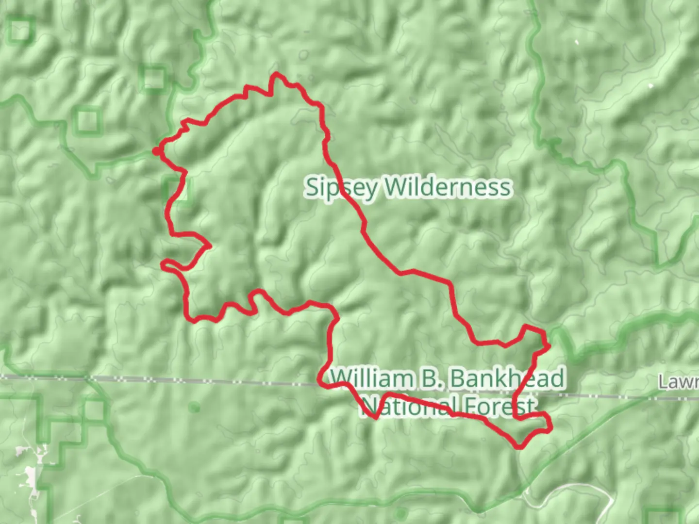 An image depicting the trail Borden Creek Wild Hiking and Sipsey Wild Hiking Loop Trail and its surrounding area.