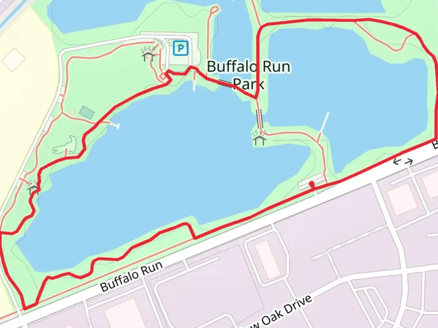 An image depicting the trail Buffalo Run Park Loop and its surrounding area.
