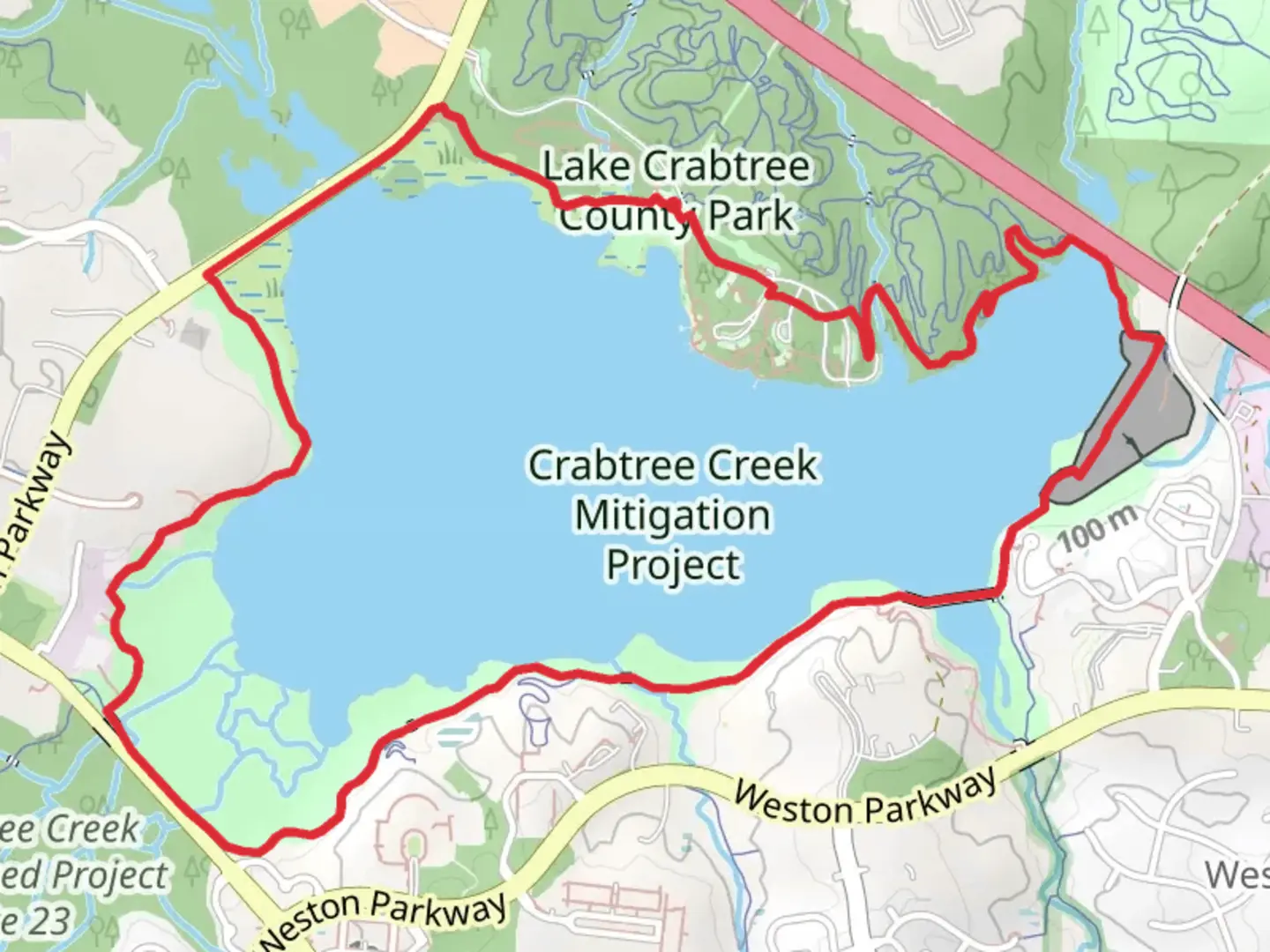 An image depicting the trail Lake Crabtree Loop and its surrounding area.