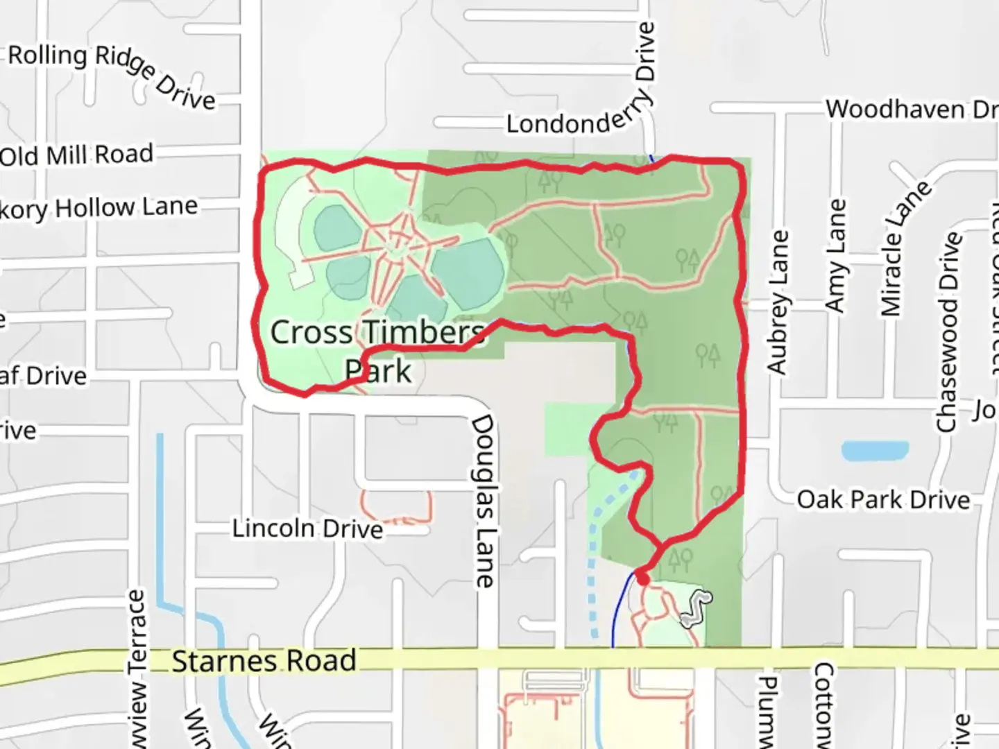 An image depicting the trail Cross Timbers Park Loop and its surrounding area.