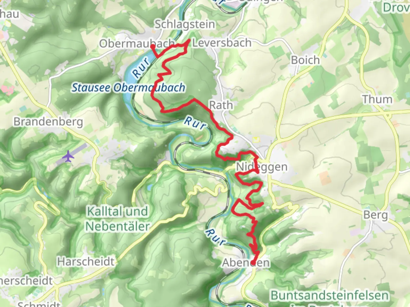 An image depicting the trail Obermaubach to Abenden Walk via Stausee Obermaubach and Eugenienstein and its surrounding area.