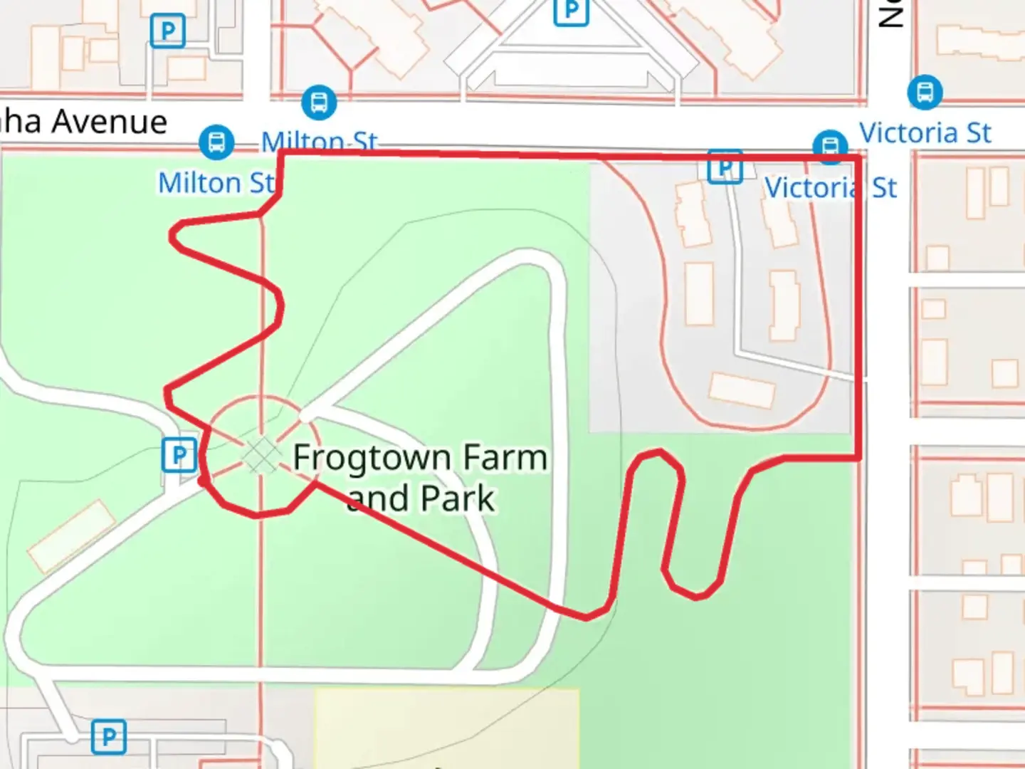 An image depicting the trail Frogtown Farm and Park Loop and its surrounding area.