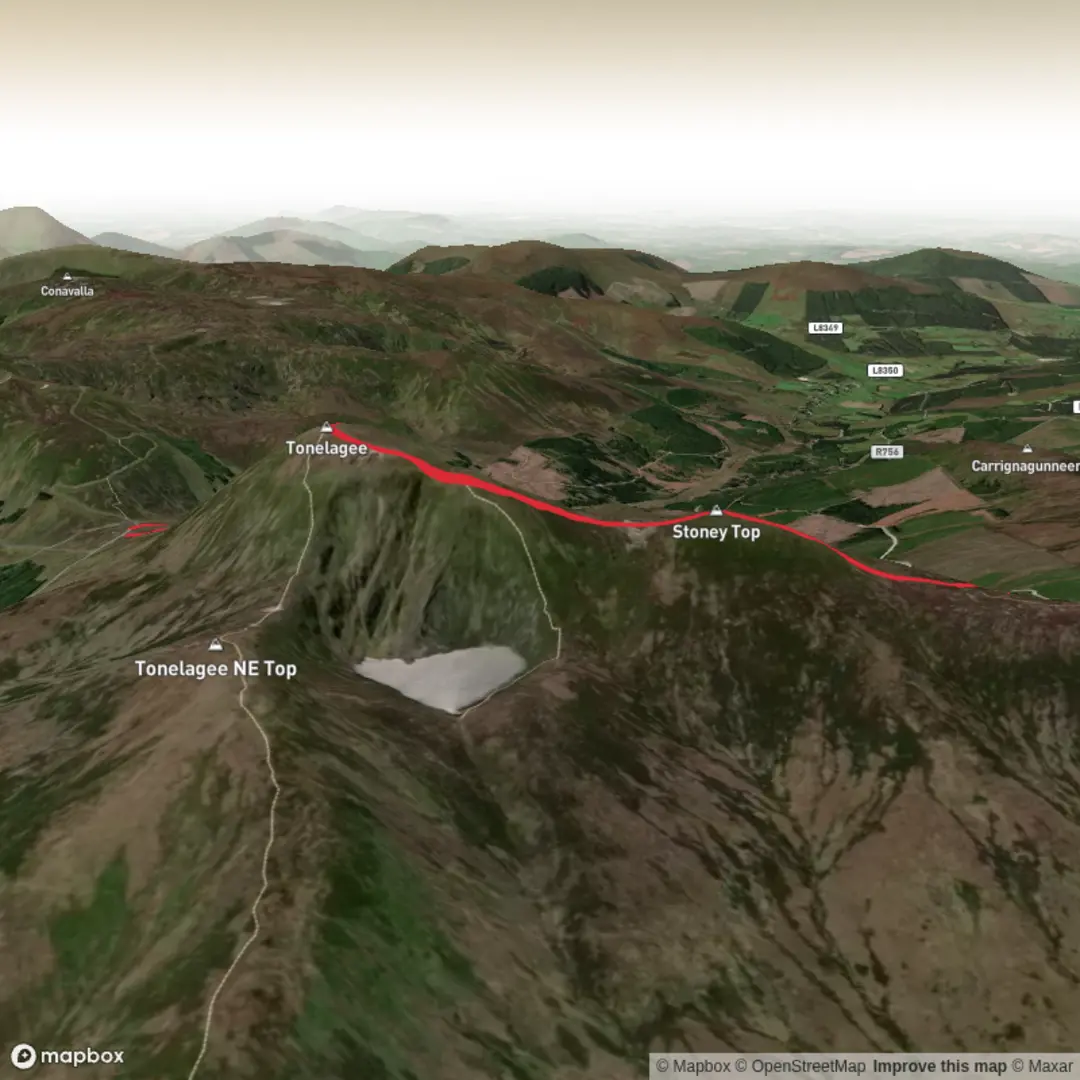 An image depicting the trail Tonelagee and Stoney Top loop and its surrounding area.