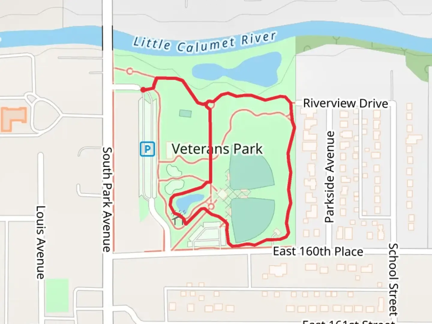 An image depicting the trail Veterans Park Loop and its surrounding area.