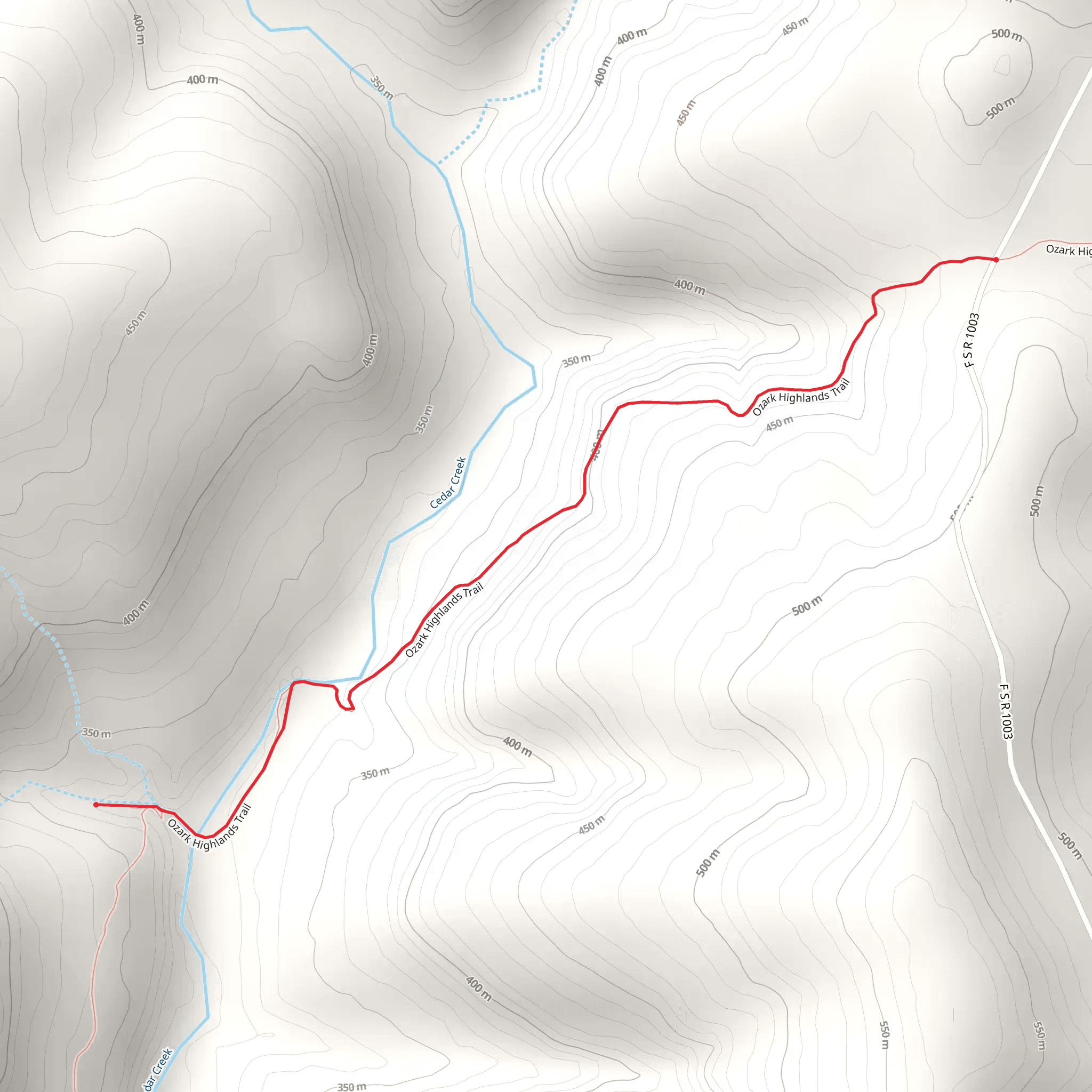 Cedar Creek via Ozark Highlands Trail mobile static map