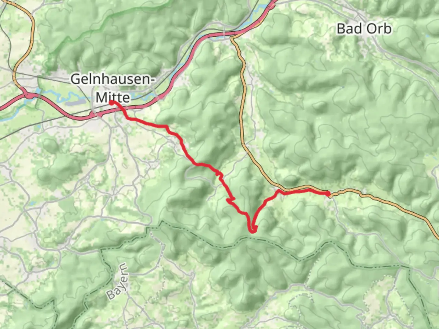 An image depicting the trail Gelnhausen to Bieber Walk and its surrounding area.