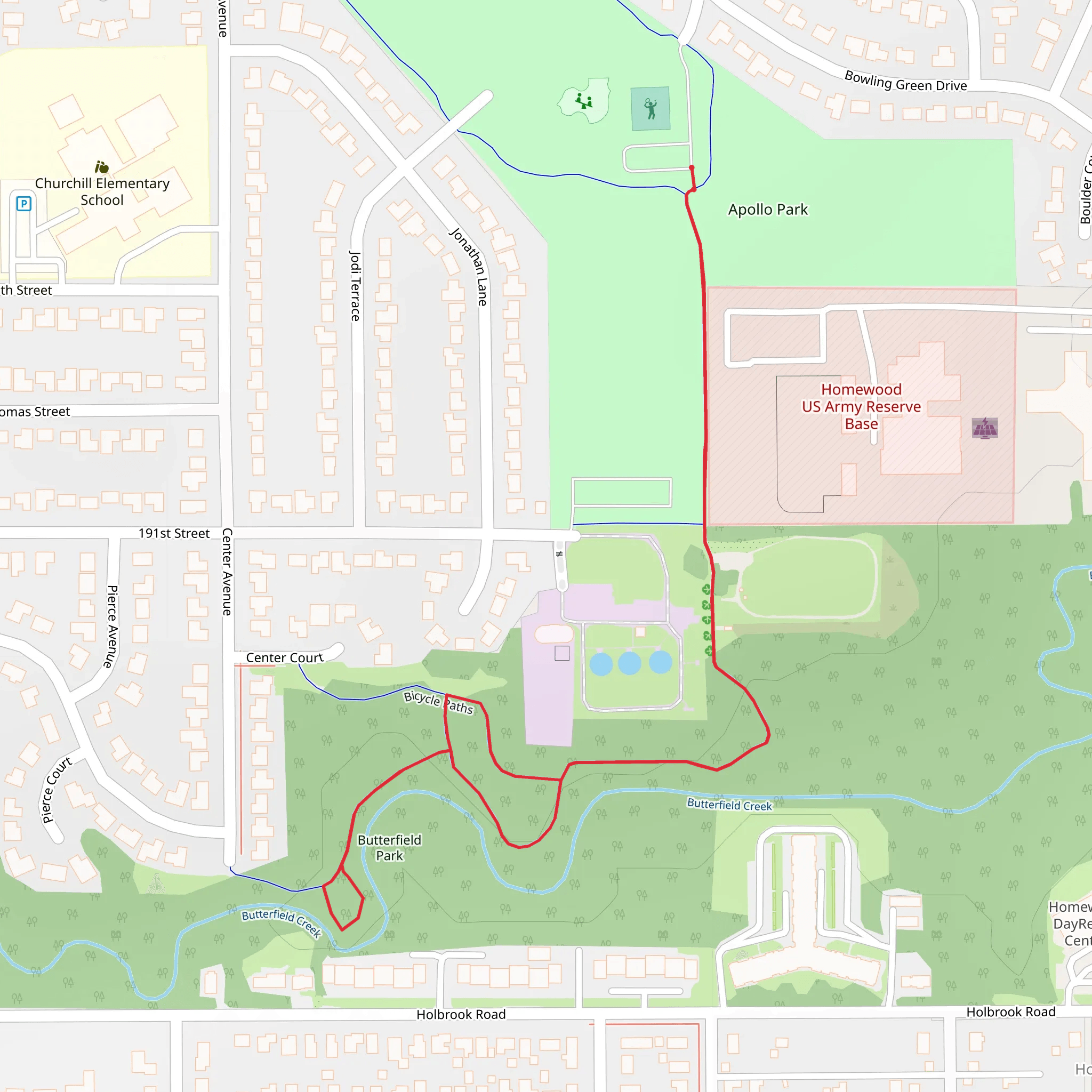 Walk beside Butterfield Creek from Apollo Park mobile static map