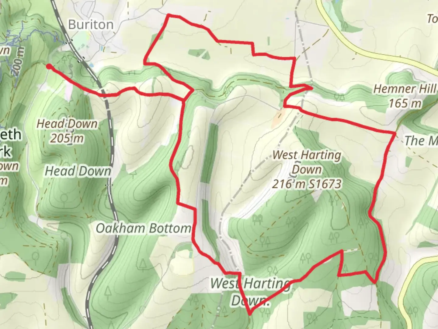 An image depicting the trail Buriton Eastern Loop via West Harting Down and its surrounding area.
