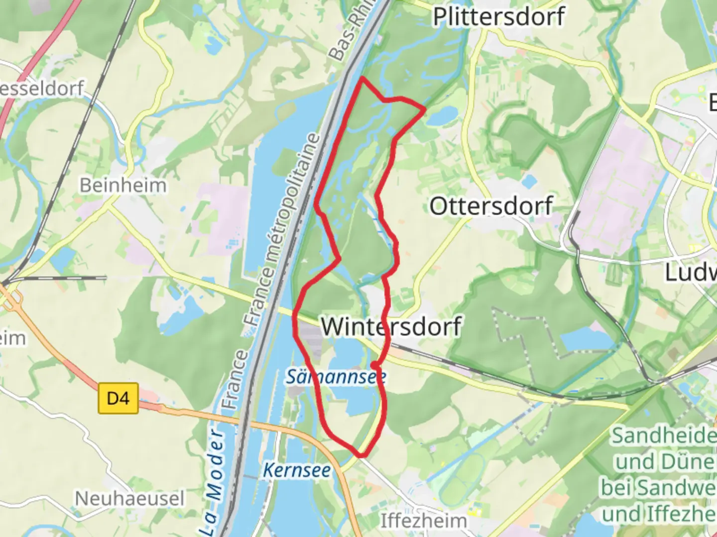 An image depicting the trail Sämannsee and Rastatter Rheinaue Loop and its surrounding area.