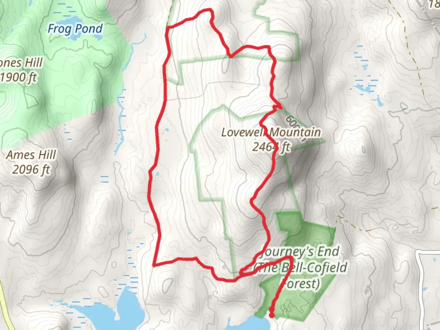 An image depicting the trail Lovewell Mountain Loop via Island Pond and its surrounding area.