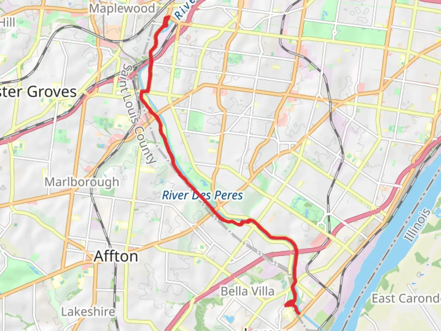 An image depicting the trail River des Peres Greenway and its surrounding area.
