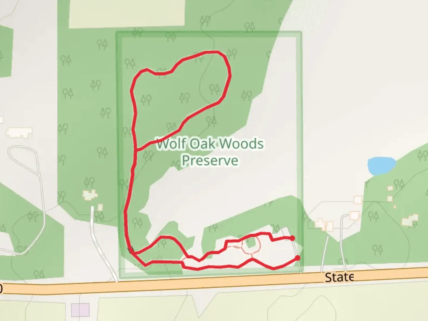 An image depicting the trail Wolf Oak Woods Loop and its surrounding area.