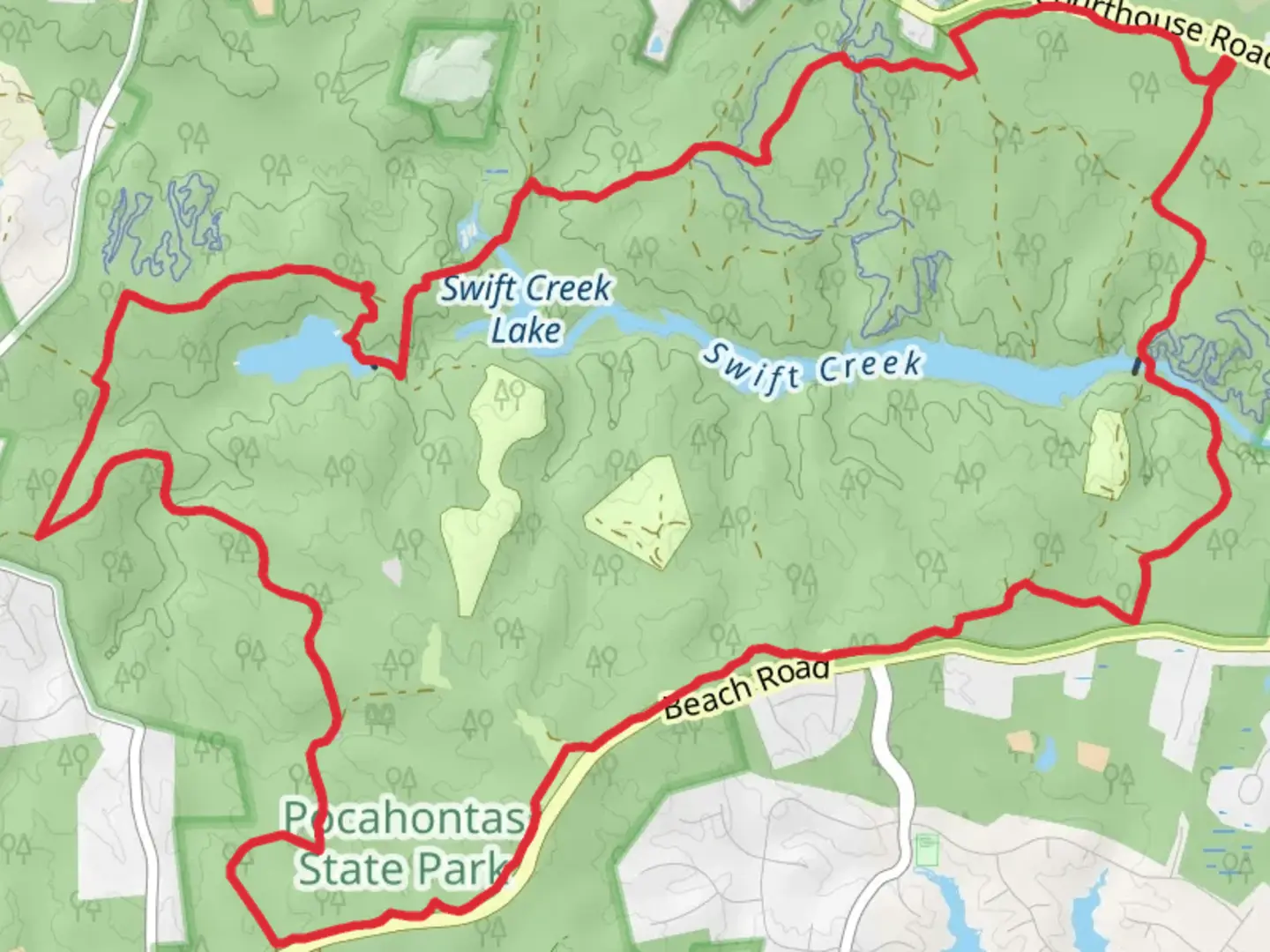 An image depicting the trail Swift Creek and Beaver Lake Loop and its surrounding area.