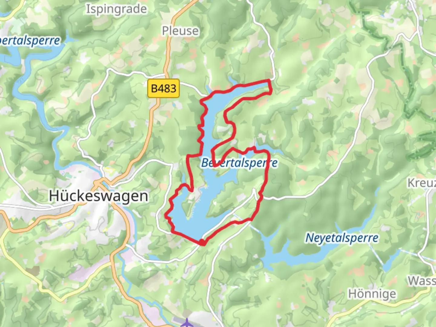 An image depicting the trail Bevertalsperre Loop and its surrounding area.