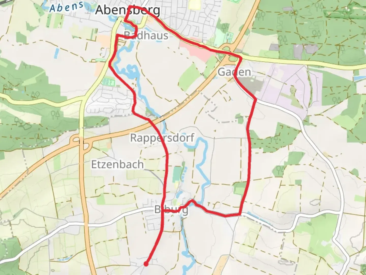 An image depicting the trail Wanderroute via Nova and Straubinger Strasse and its surrounding area.