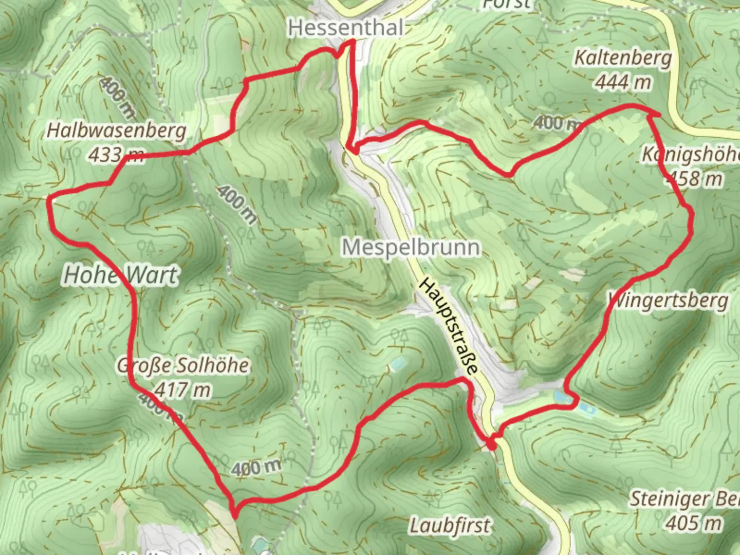 An image depicting the trail Hohe Wart via Knochenbrecherweg and Julius Echter Weg and its surrounding area.