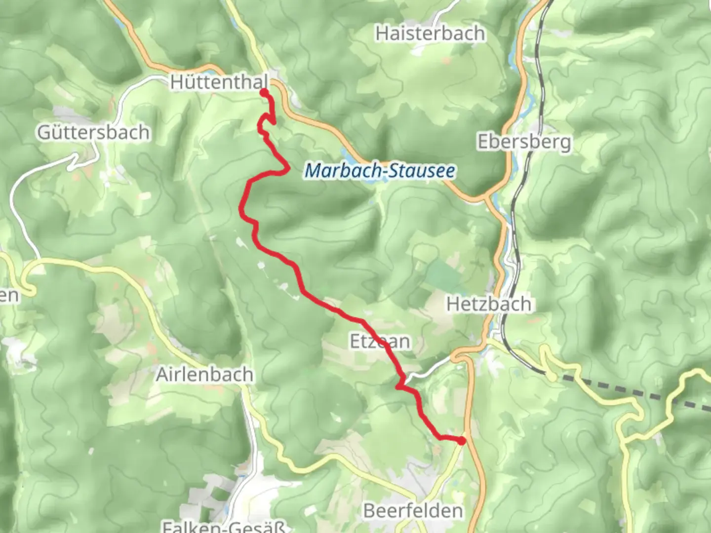 An image depicting the trail Beerfelden to Hüttenthal Walk via Rundwanderweg Beerfelden 1 and its surrounding area.