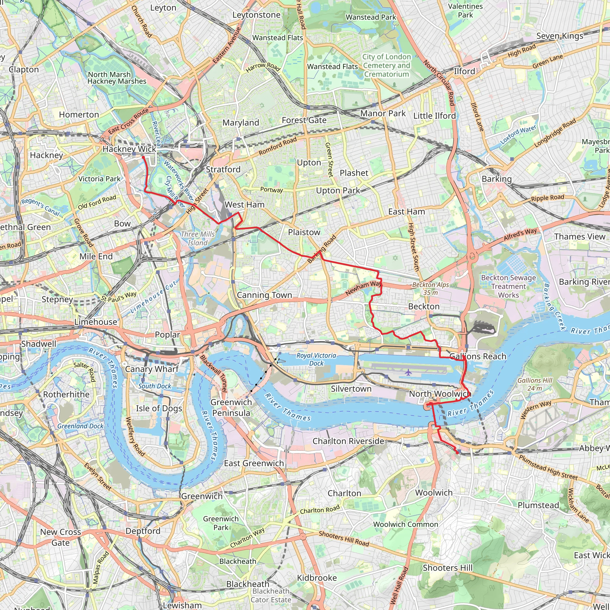Stratford to Woolwich Walk mobile static map