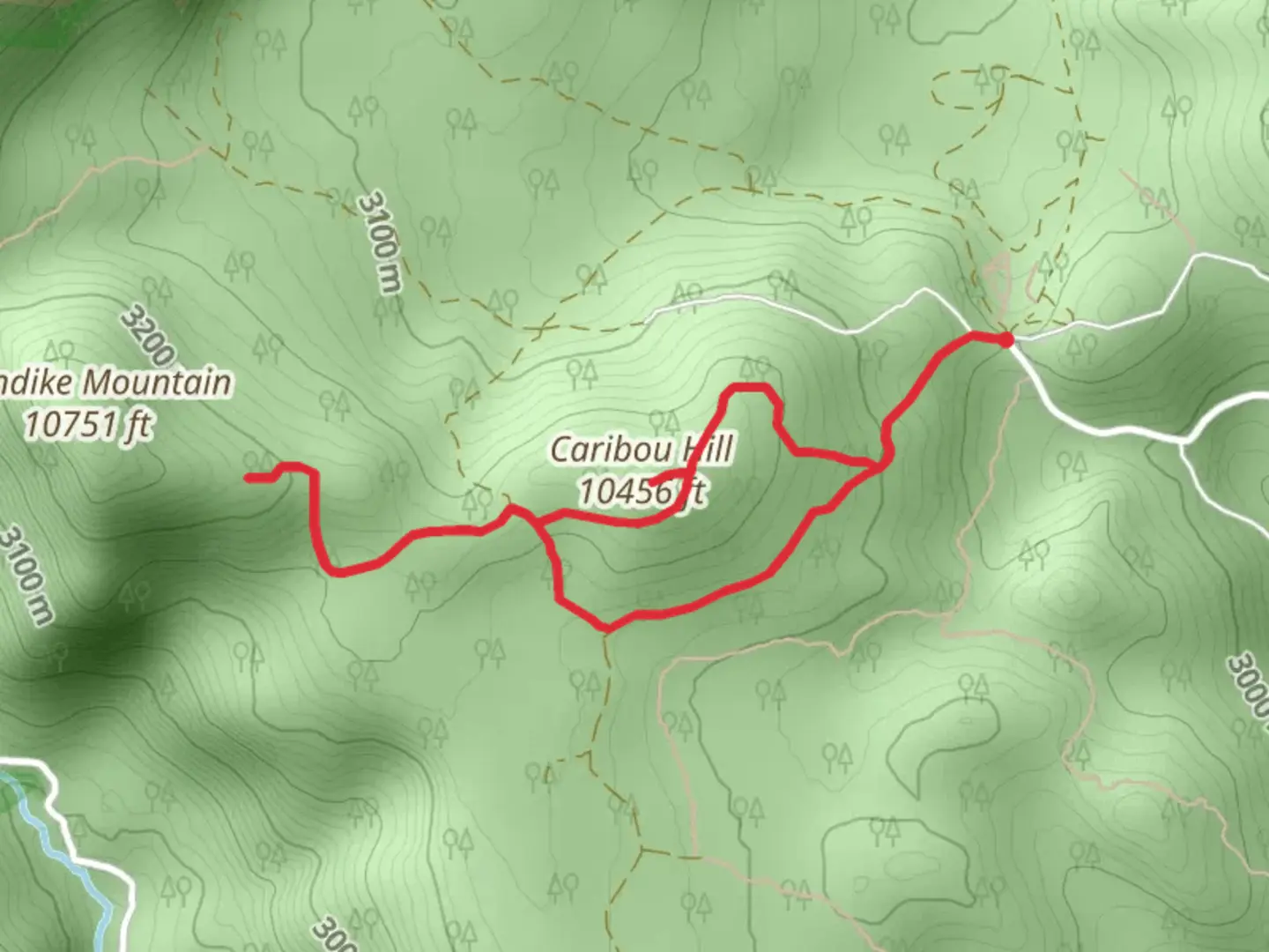 An image depicting the trail Caribou Hill Loop and its surrounding area.