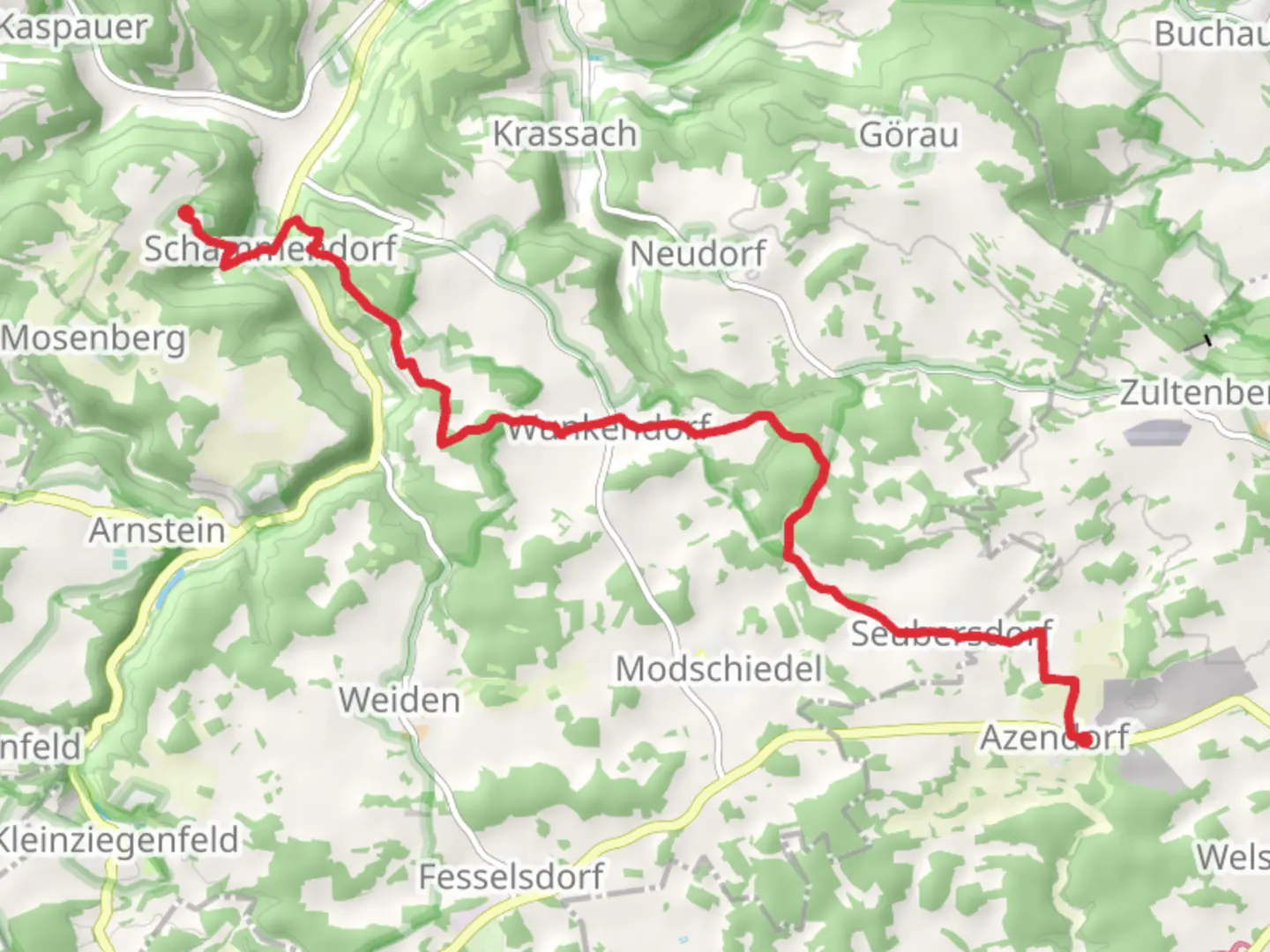 An image depicting the trail Azendorf to Frankenberg via Wunkendorfer Querweg and its surrounding area.