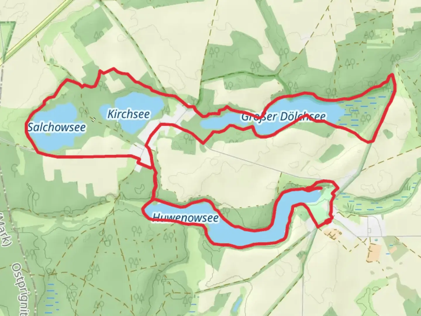 An image depicting the trail Huwenowsee, Kirchsee and Grober Dolchsee Loop and its surrounding area.
