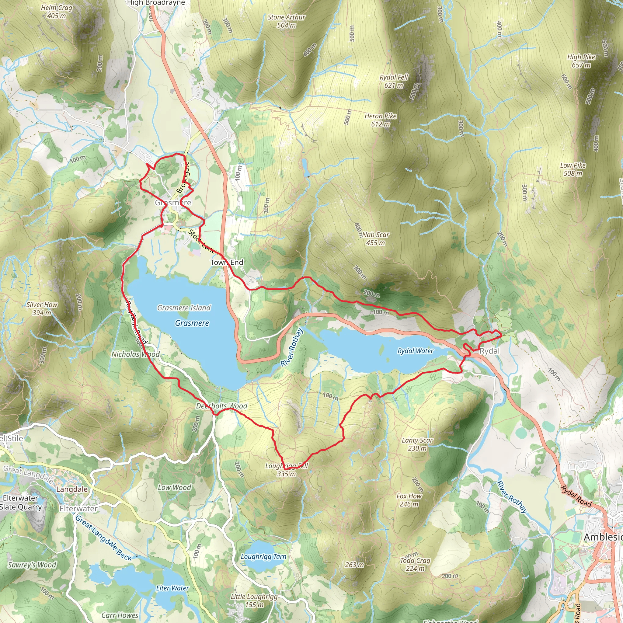 Rydal Water, Steps End Wood, Loughrigg Fell and Deerbolts Wood Loop mobile static map