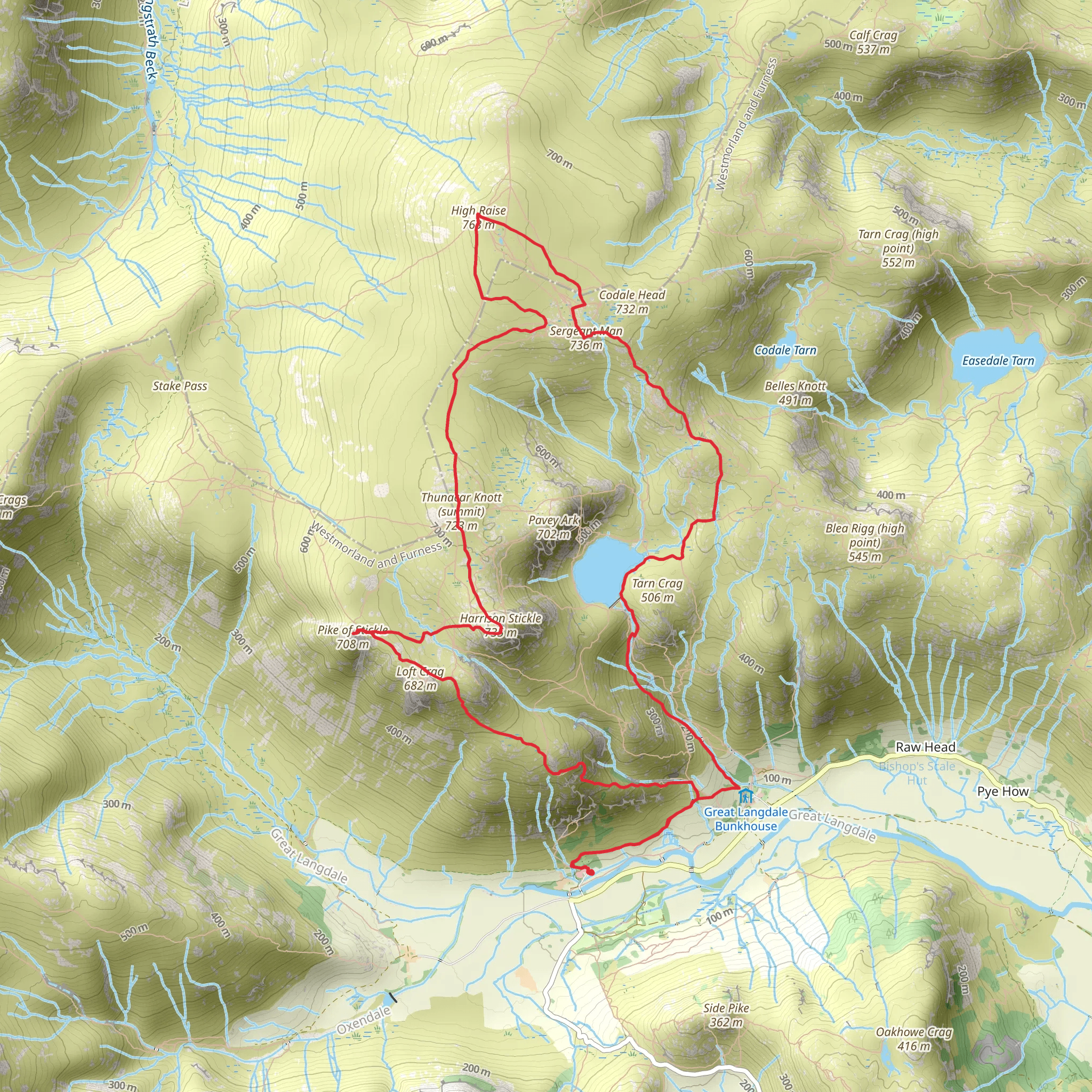 Pike of Stickle, Thunacar Knott, High Raise, Sergeant Man and Stickle Tarn Loop mobile static map
