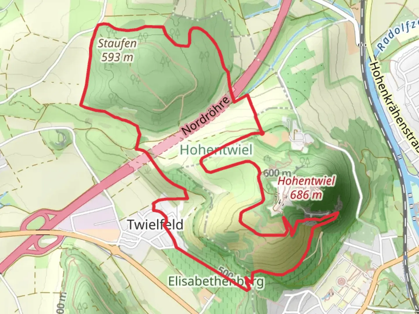 An image depicting the trail Hohentwiel and Staufen Loop via Elisabethenbergstraße and its surrounding area.