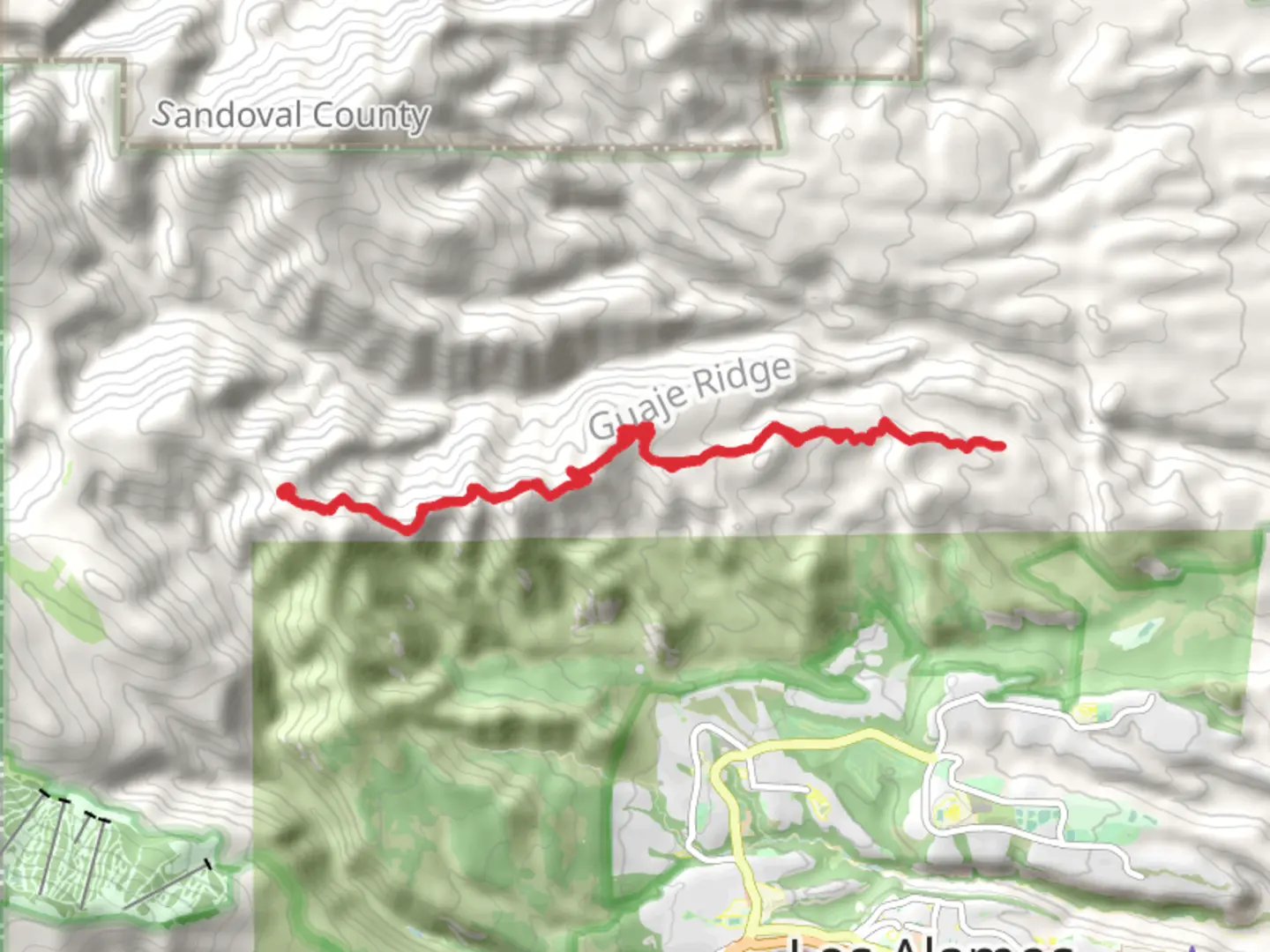 An image depicting the trail Guaje Ridge Trail from Pipeline Road and its surrounding area.