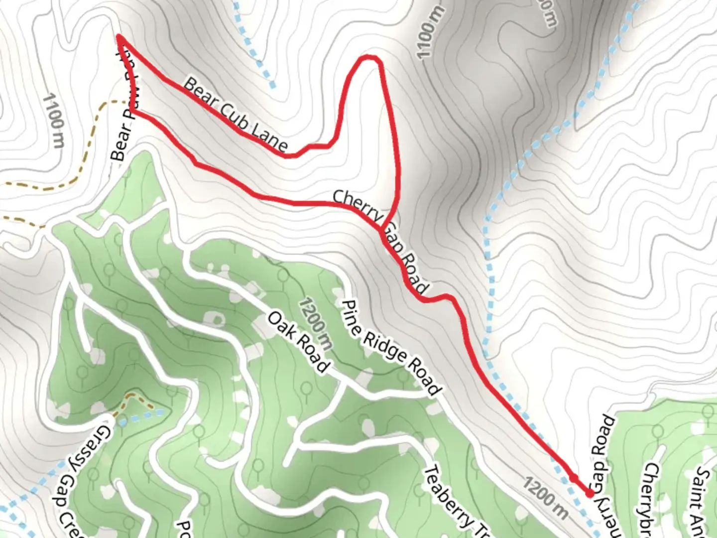 An image depicting the trail Cherry Gap Road and Bear Cub Lane Loop and its surrounding area.
