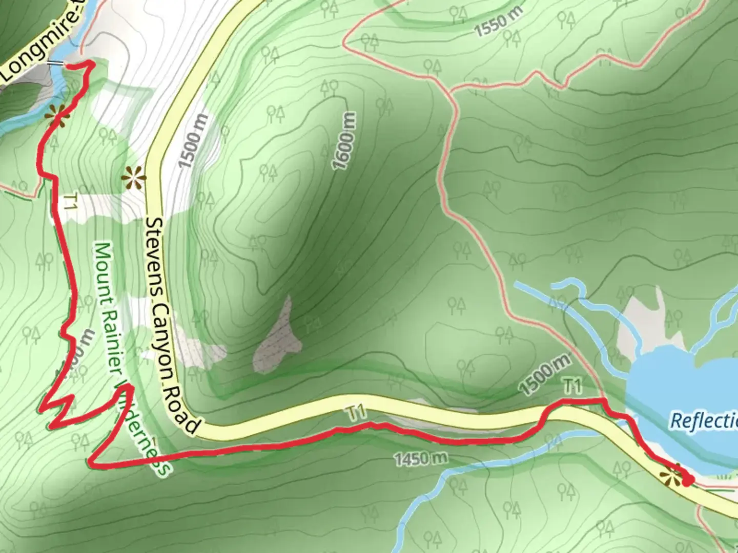 An image depicting the trail Narada Falls via Wonderland Trail and its surrounding area.