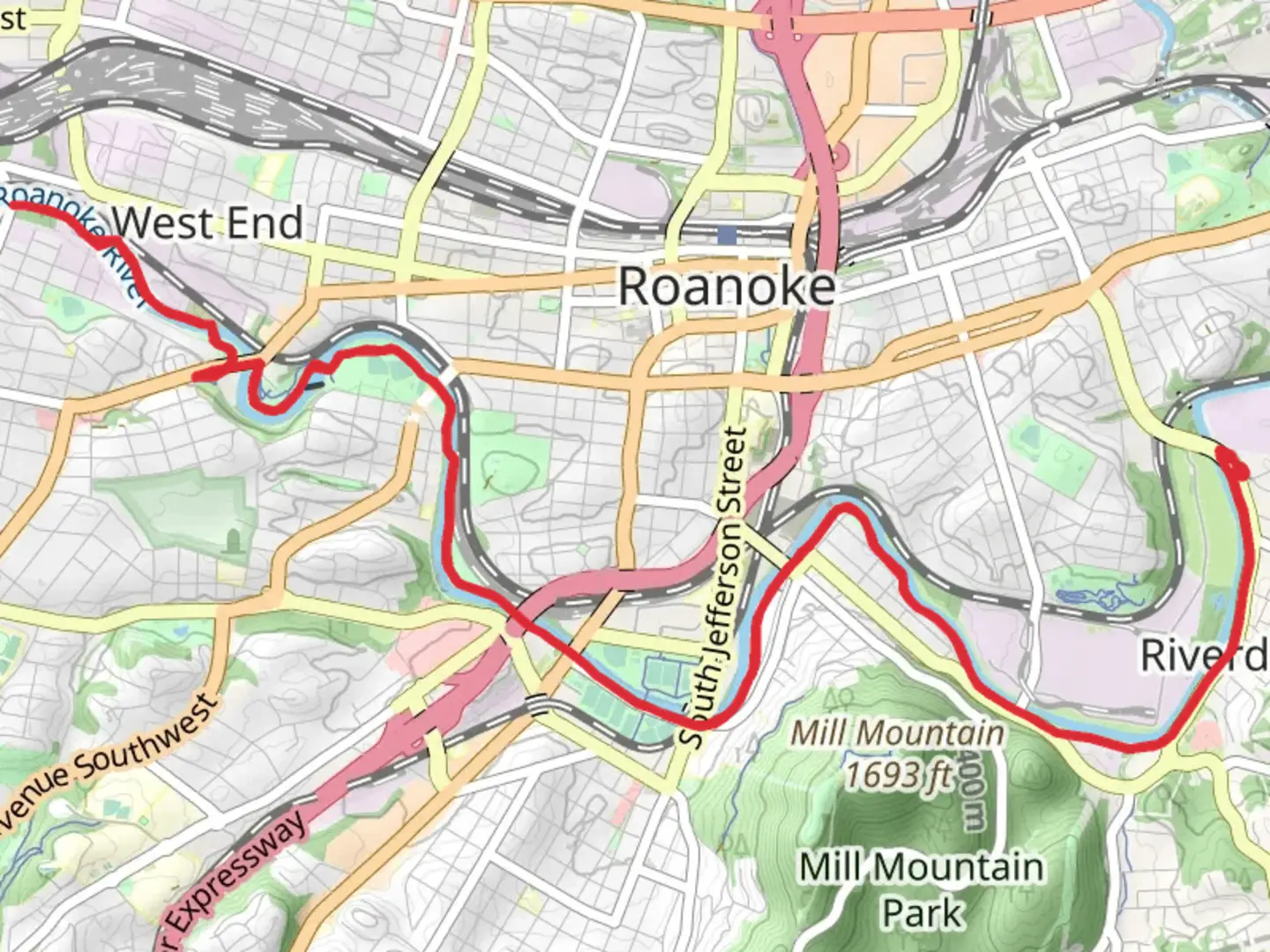An image depicting the trail Roanoke River Greenway and its surrounding area.