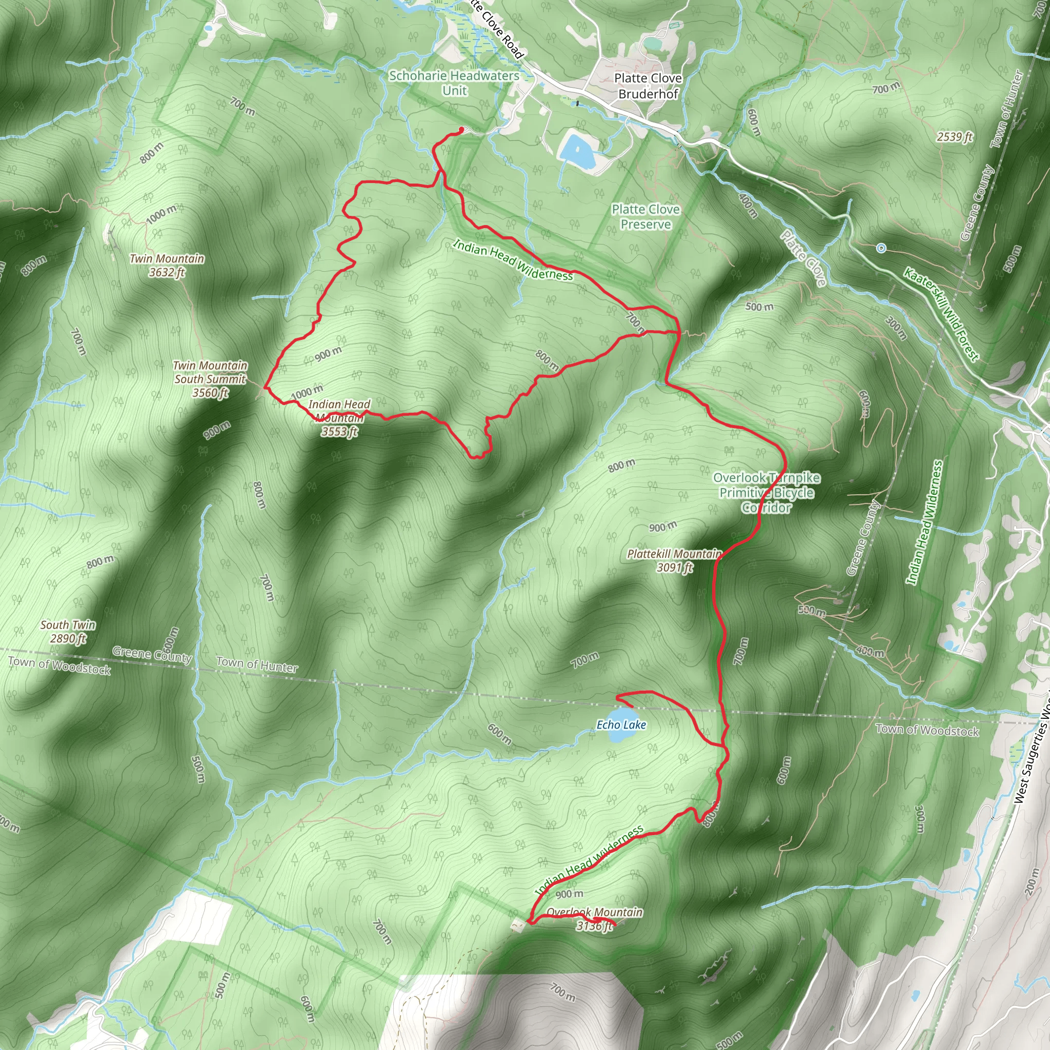Echo Lake and Overlook Mountain via Devil's Path Loop mobile static map