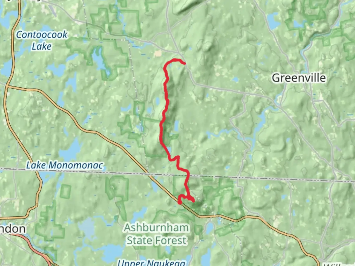 An image depicting the trail Mount Watatic to Barrett Mountain via Wapack Trail and its surrounding area.