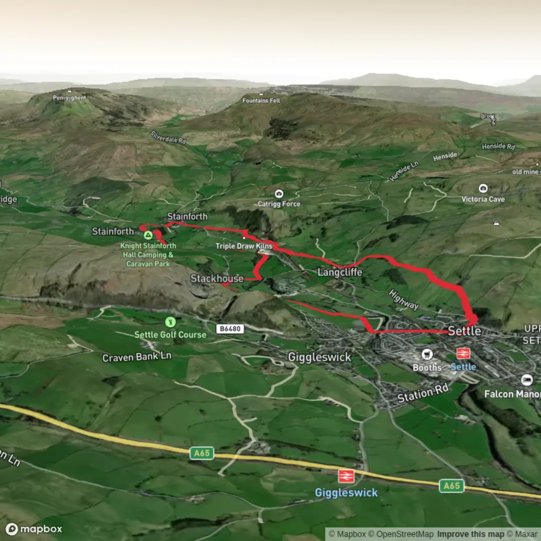 An image depicting the trail Settle loop from Langcliffe and its surrounding area.