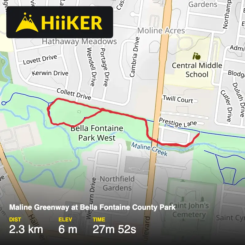 A map preview of the recording Maline Greenway at Bella Fontaine County Park.