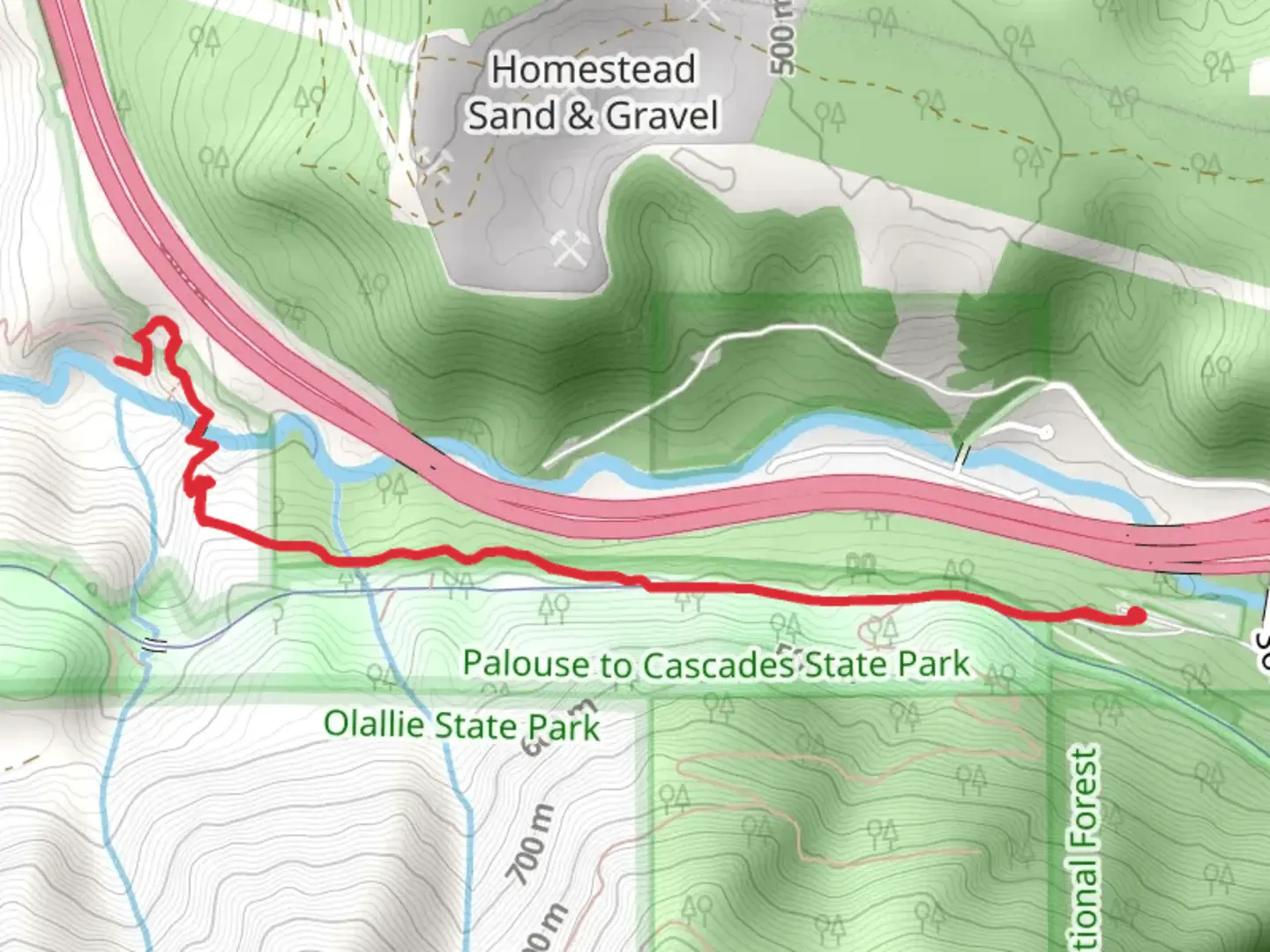 An image depicting the trail Twin Falls Trail and South Fork Snoqualmie River and its surrounding area.