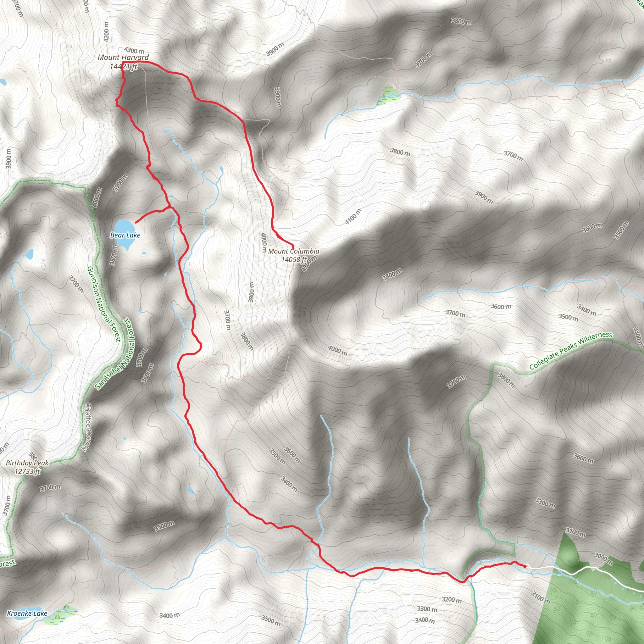 Bear Lake and Harvard Columbia Scramble Trail via Horn Fork Basin Trail mobile static map