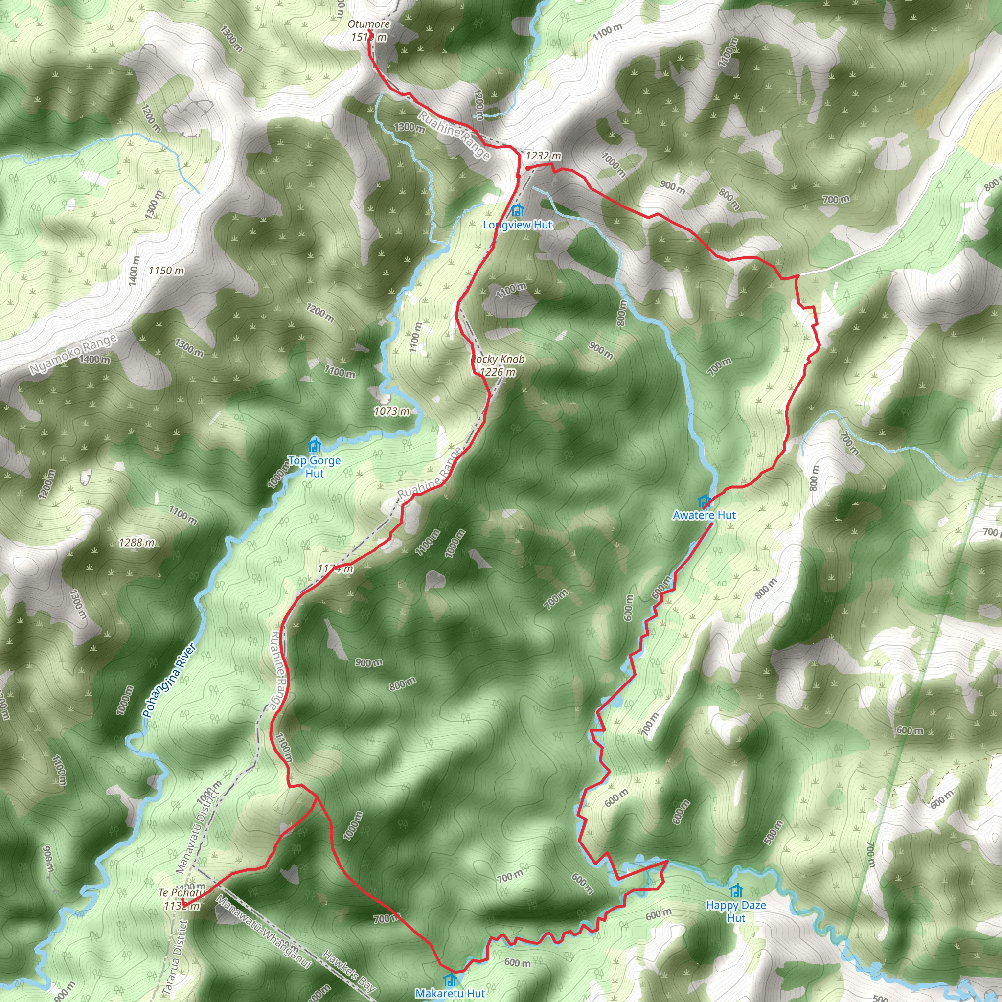 Makaretu Hut via Longview Hut and Eastern Ruahine Forest Park mobile static map