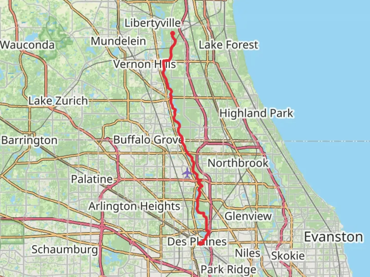 An image depicting the trail Des Plaines River Trail from North Saint Marys Road and its surrounding area.