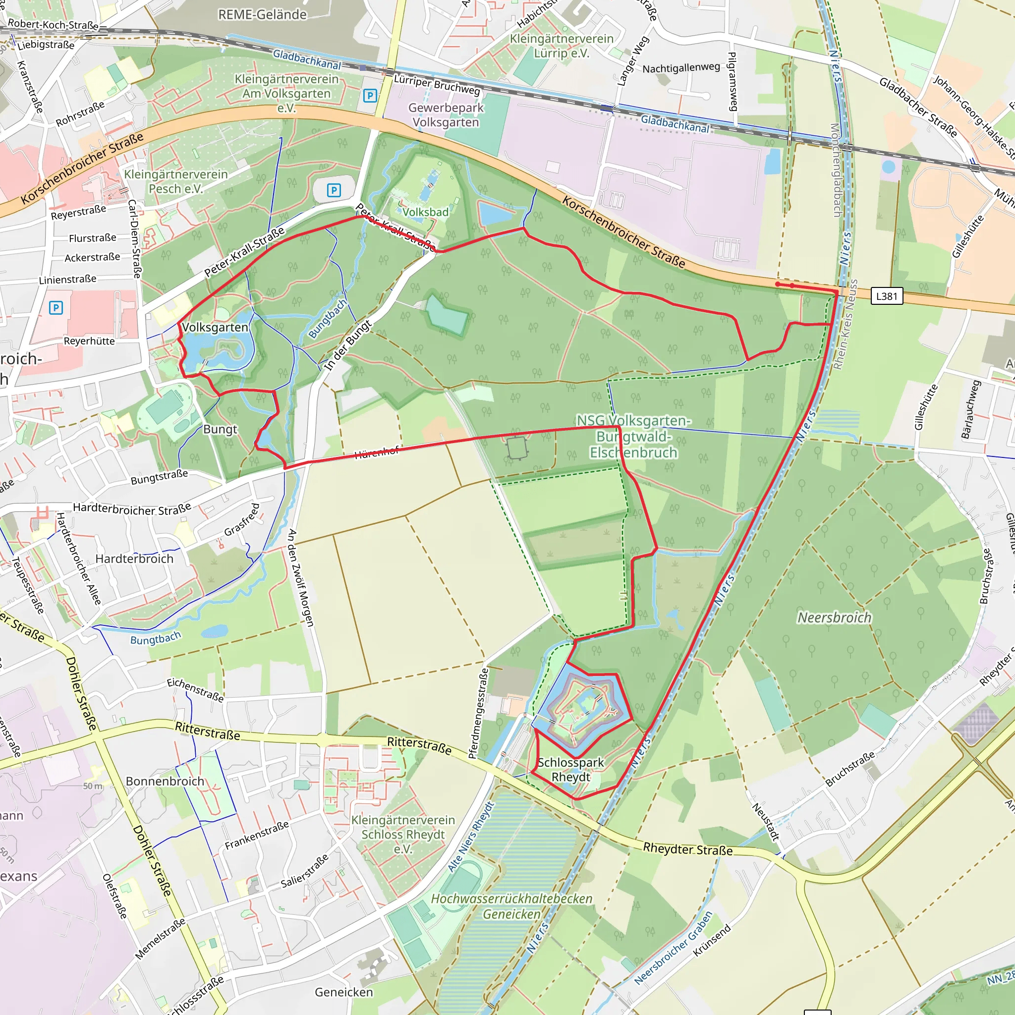 Volksgartenweiher and NSG Volksgarten Bungtwald Elschenbruch and Schloss Rheydt Loop mobile static map