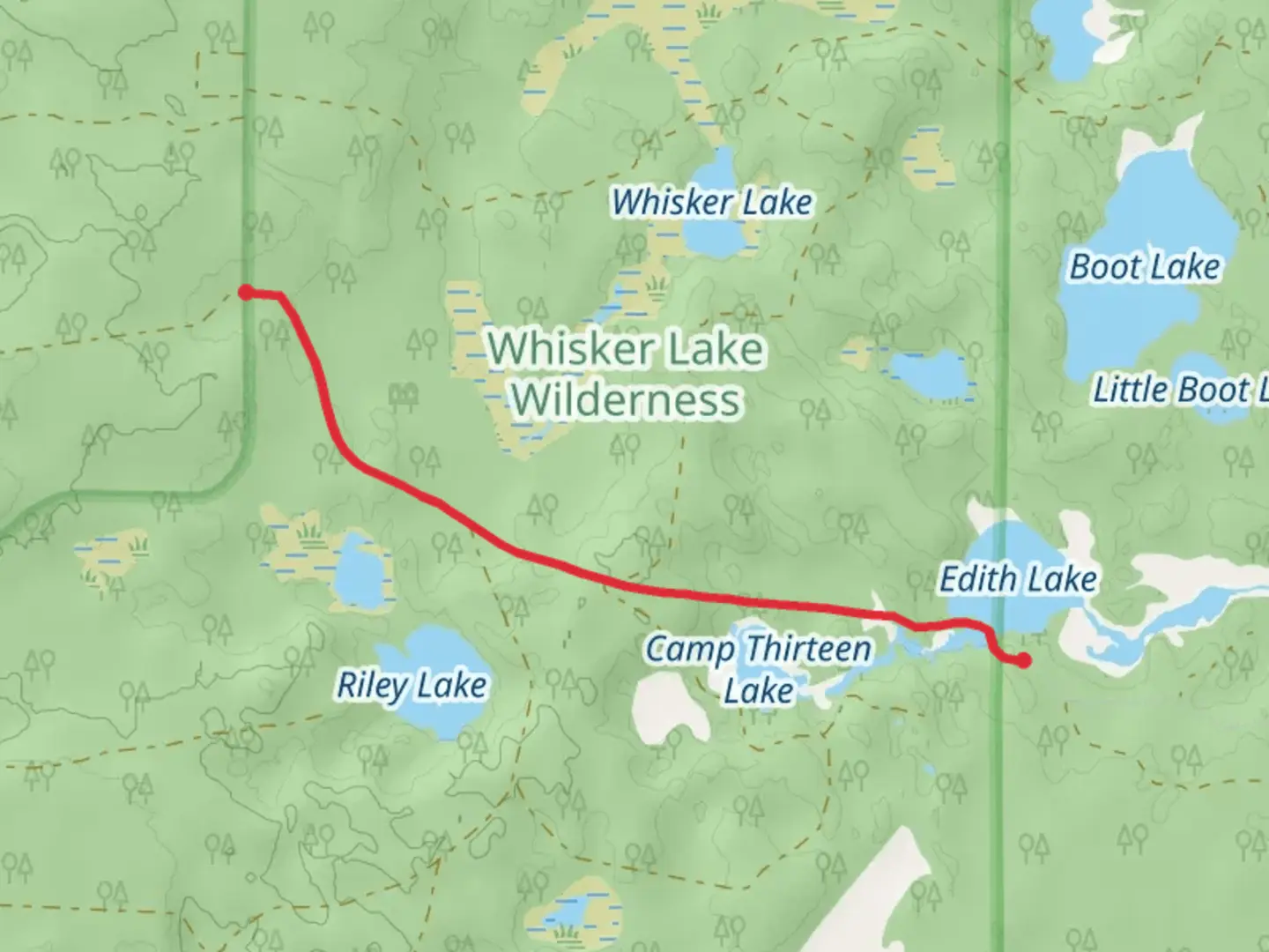An image depicting the trail Whisker Lake A Trail and its surrounding area.
