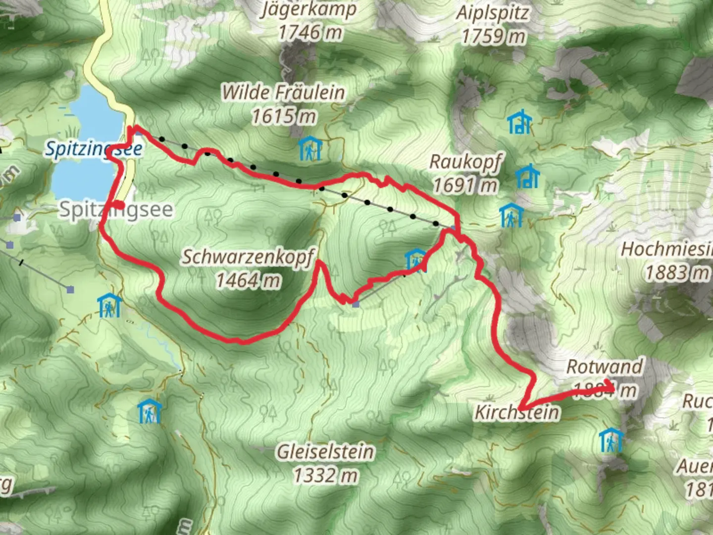 An image depicting the trail Rotwand via Wanderweg Spitzingsee and its surrounding area.