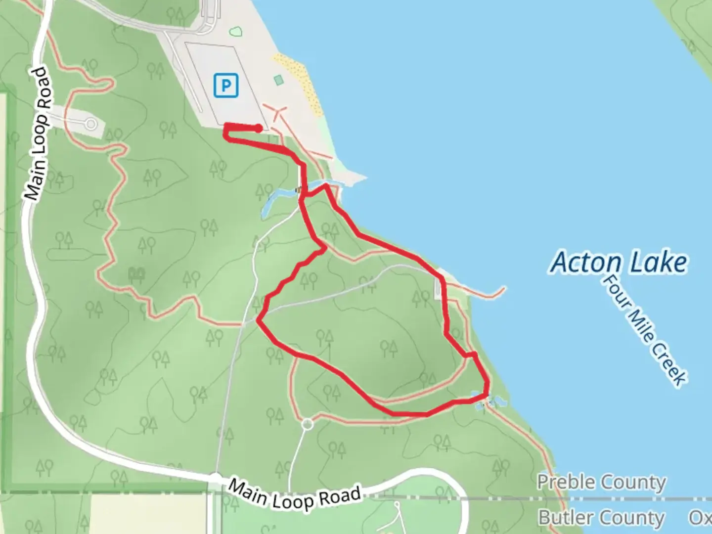 An image depicting the trail Acton Lake via West Shore Trail and its surrounding area.