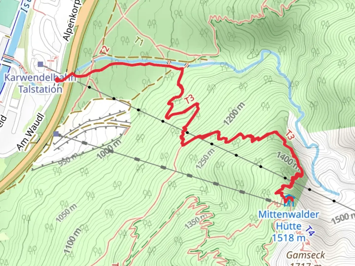 An image depicting the trail Dammkarabfahrt and Karwendelsteig Walk and its surrounding area.
