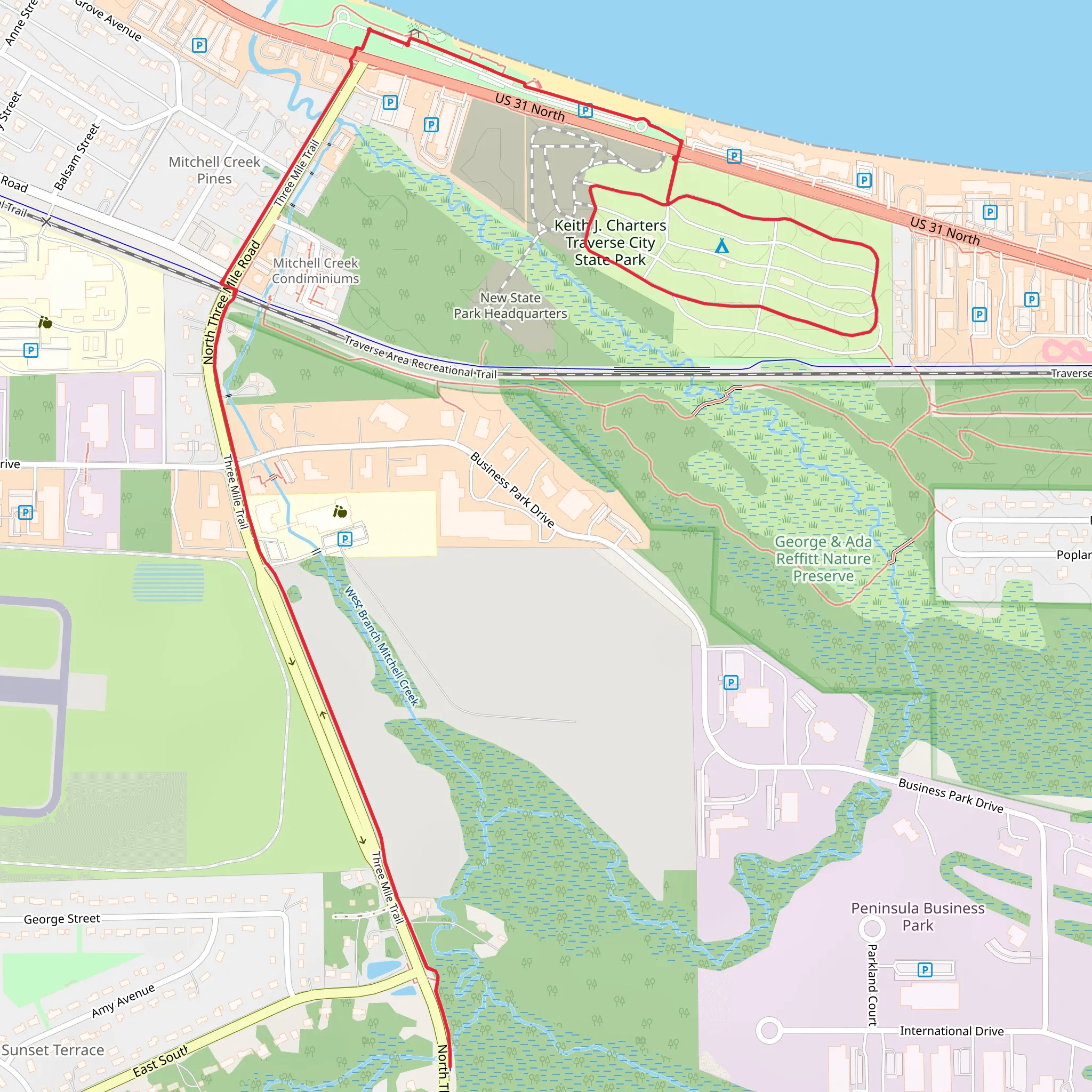 Traverse City State Park and Three Mile Trail mobile static map